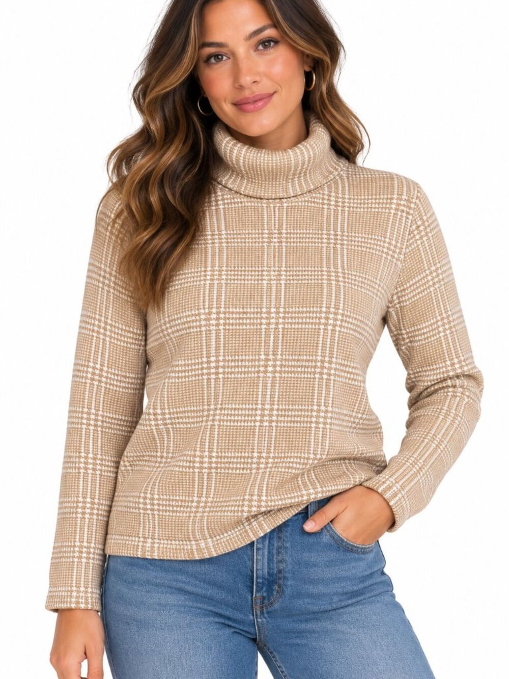 J. Crew Women's Plaid Turtleneck Sweater Brown Cream Size M